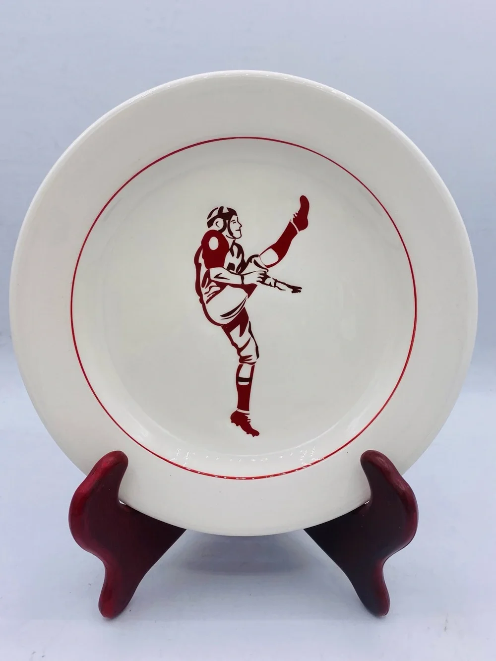 Vintage Williams Sonoma 4 Ceramic Plate  Red Football Player Snack Desert Salad
